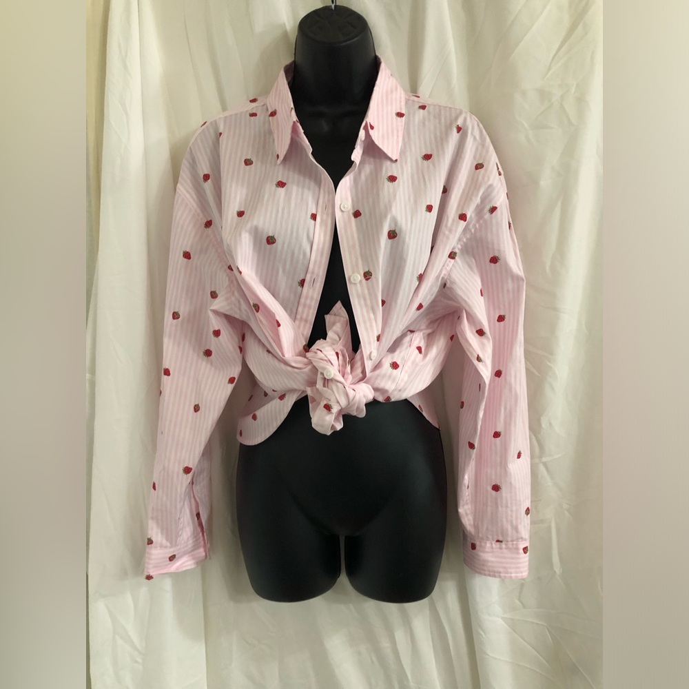 Nine West pink white striped strawberry button down menswear shirt size large - Picture 3 of 16